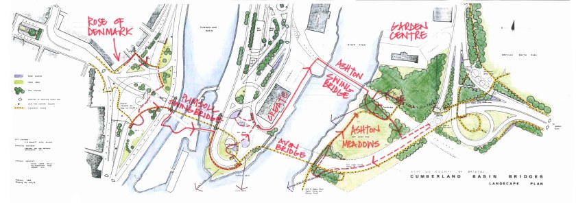 Sylvia Crowe Cumberland Basin Bridges, Landscape Plan. Coloured up by Wendy Tippett, with our Avon Stories walk marked up in red line. Ref. Landscape Report, Cumberland Basin Bridges & Ashton Gate Junction, April 1964, University of Bristol Library